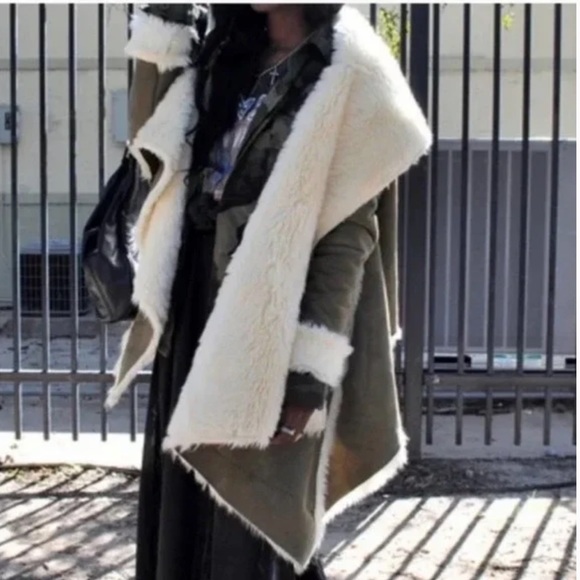 UNIF Army Green Chelsea Shearling Coat Asymmetric Faux Fur Lined Jacket - Picture 1 of 6
